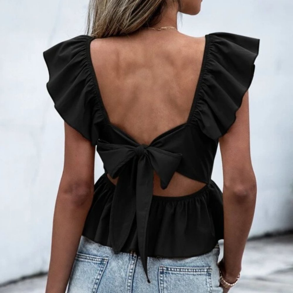 Black Contemporary minimalist Ruffle Sleeve Peplum Tie Back Blouse